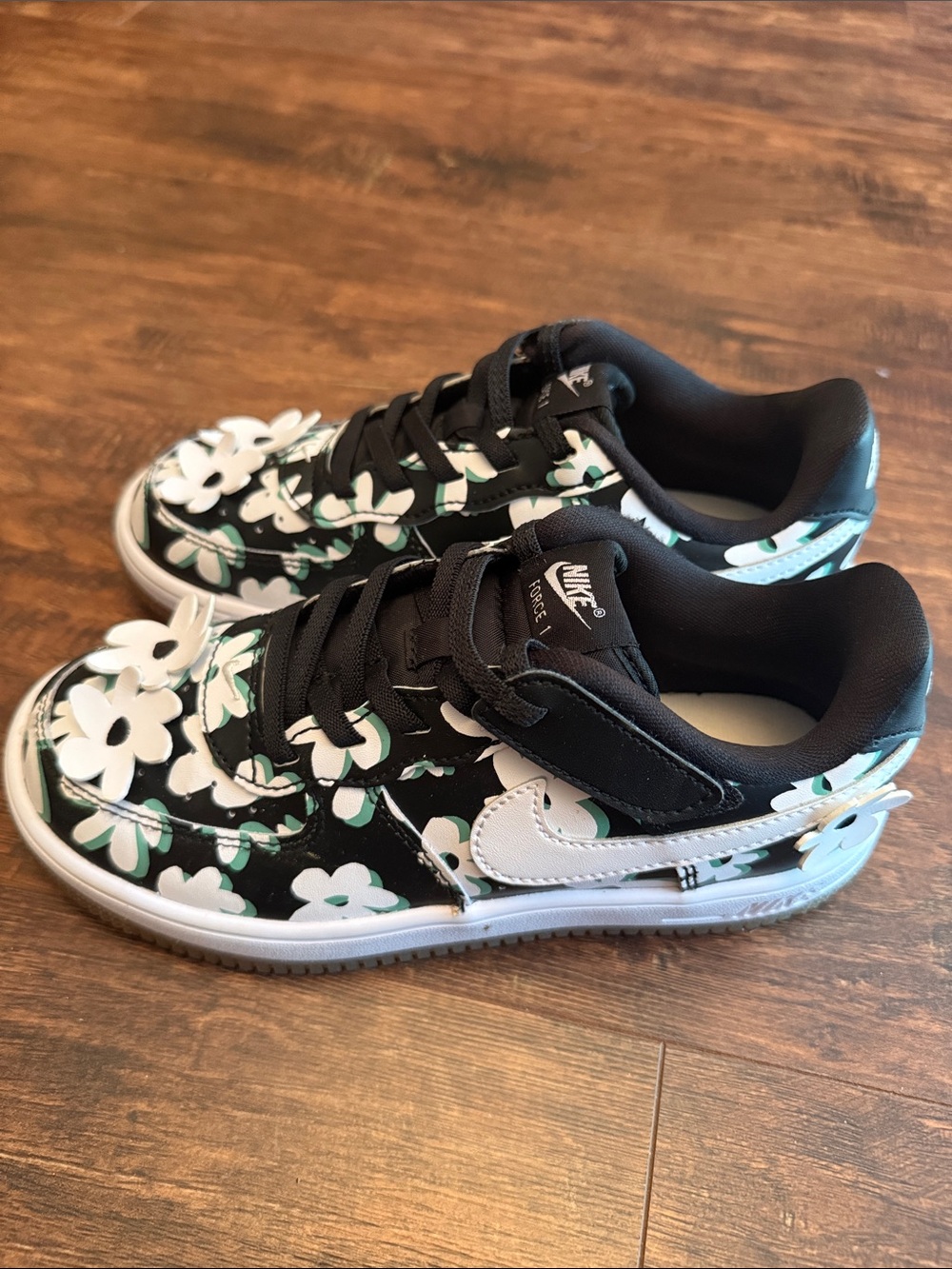 Nike Kids Force 1 Black Floral Sneakers with White Swoosh